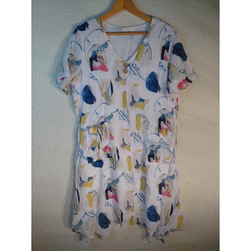 Creation EST 2011 Abstract Print Linen Blend Handkerchief Hem Dress White Blue M